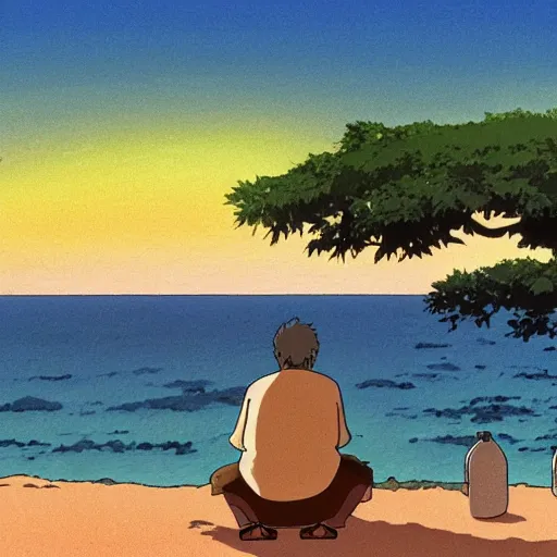 Image similar to a man sitting by the beach watching the sunset, by Studio Ghibli