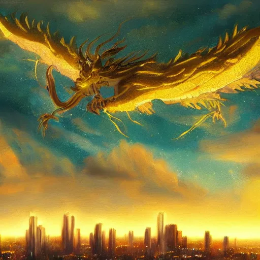 Prompt: beautiful oil painting of golden eastern dragon alone in sky, green lightning, night clouds, above city, high detail, trending in artstation