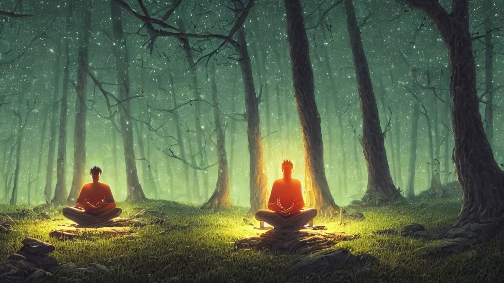 Image similar to highly detailed illustration of a man meditating in an old giant symmetrical forest with fireflies at night by makoto shinkai, by oliver vernon, by joseph moncada, by damon soule, by manabu ikeda, by kyle hotz, by dan mumford, by otomo, 4 k resolution