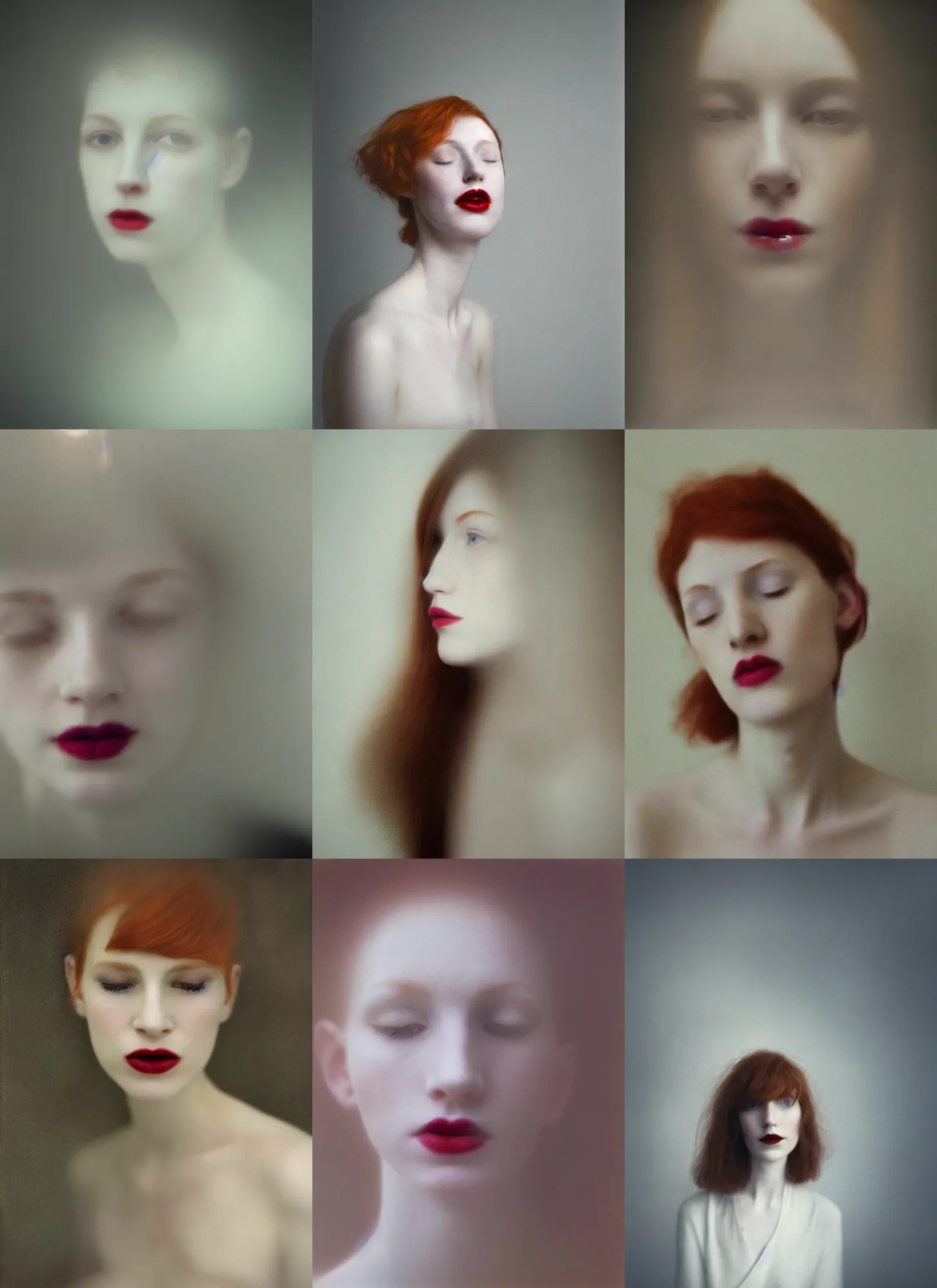 Prompt: out of focus photorealistic portrait of a beautiful aesthetic pale young woman by sarah moon, ginger hair, ginger lipstick, very blurry, translucent white skin, closed eyes, foggy