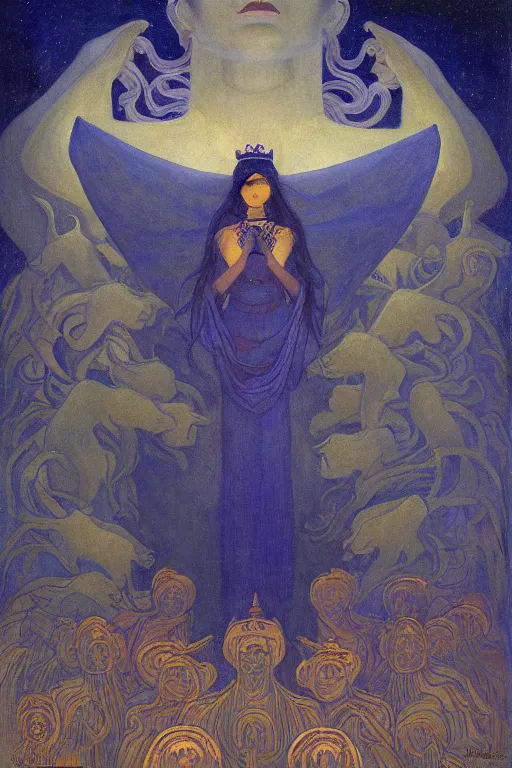 Prompt: queen of midnight with stars in her hair by Nicholas Roerich and Annie Swynnerton and Diego Rivera and jean delville, dramatic cinematic lighting , dark skin, ornate headdress , flowing robes, sacred artifacts, lost civilizations, smooth, sharp focus, extremely detailed