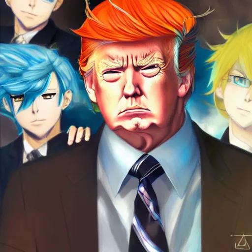 Prompt: anime portrait of Donald Trump with Blue Hair as an anime boy by Stanley Artgerm Lau, WLOP, Rossdraws, James Jean, Andrei Riabovitchev, Marc Simonetti, and Sakimichan, trending on artstation