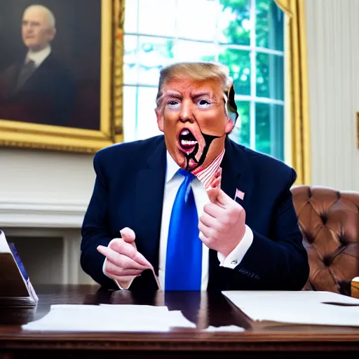 Image similar to candid portrait photo of president trump at his desk shoving crumpled papers into his mouth, chewing paper, eating paper, detailed portrait, 4 k, megapixel, sony a 7 s, f / 8, 2 4 mm lens