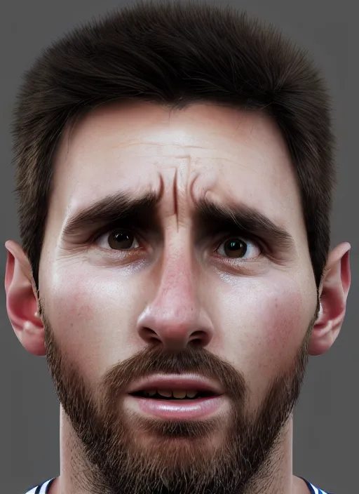 Image similar to portrait of cute crying Messi, photorealistic, 35mm, close-up, Octane render, trending on Artstation, 4k, 8k, highly detailed, digital art
