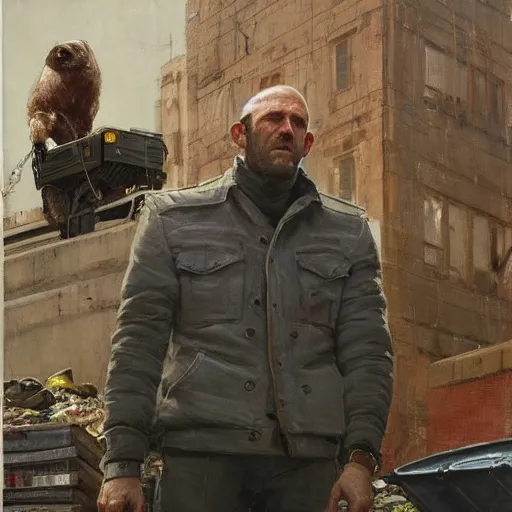 Prompt: portrait of Jason statham pet detective standing atop a garbage truck graham sutherland greg rutkowski odd nerdrum simon stalenhag