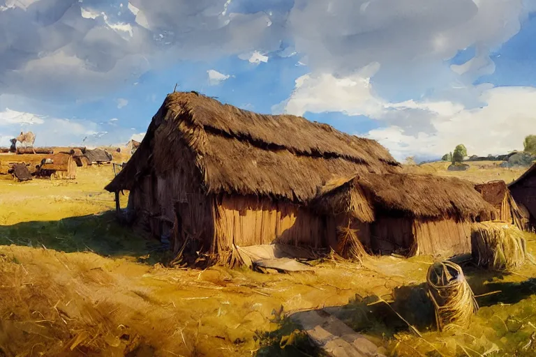 Image similar to paint brush strokes, abstract watercolor painting of rustic village at midday, straw roof, hay, viking town, ambient lighting, art by hans dahl, by jesper ejsing, art by anders zorn, wonderful masterpiece by greg rutkowski, cinematic light, american romanticism by greg manchess, creation by tyler edlin