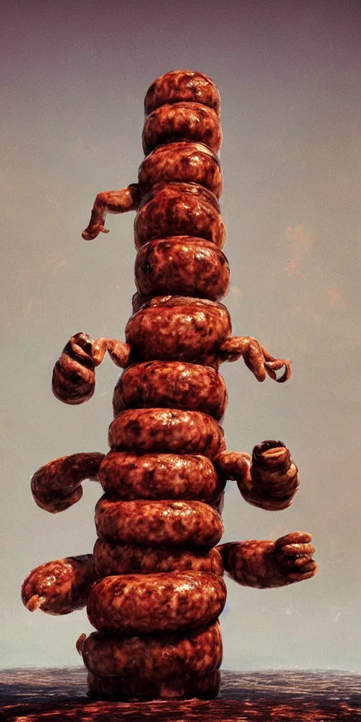 Prompt: a monster made of sausages posing for you against a solid white backdrop, [ scary, intimidating, threatening, horror, epic, cinematic, dramatic, 4 k, octane render, art by ed emshwiller ]