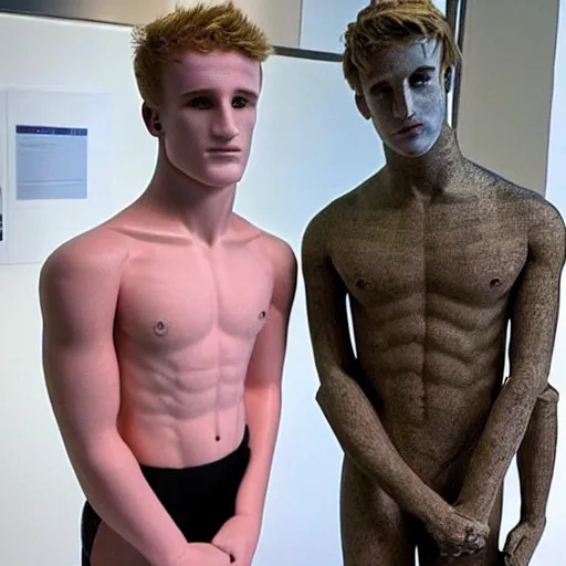 Image similar to “a realistic detailed photo of a guy who is an attractive humanoid who is half robot and half humanoid, who is a male android, British diver Jack Laugher & Chris Mears, shiny skin, posing like a statue, blank stare, at the museum, on display”