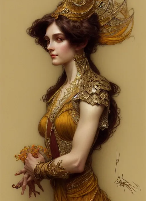 Image similar to character portrait of a modest woman, tall, feminine, powerful, modestly clothed, voluminous, intricate, elegant, highly detailed, digital painting, artstation, smooth, symmetrical, sharp focus, illustration, art by gaston bussiere and alphone mucha