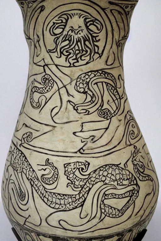 Prompt: A greek amphora with Cthulhu drawings on it, outstanding, high quality, highly detailed, award-winning