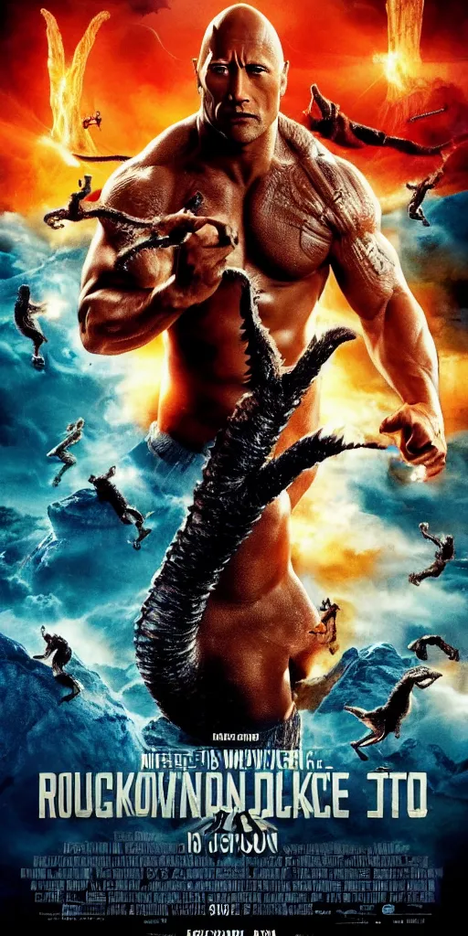 Image similar to movie poster of dwayne johnson with a baseball bat fighting king ghidorah outside a space station