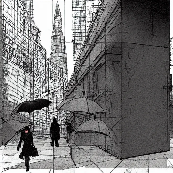 Image similar to folded umbrellas on a stall, in a square, pedestrians walk past. background of old soviet monument. storyboard, scifi cyberpunk. by gabriel hardman, joe alves, chris bonura. cinematic atmosphere, detailed and intricate, perfect anatomy