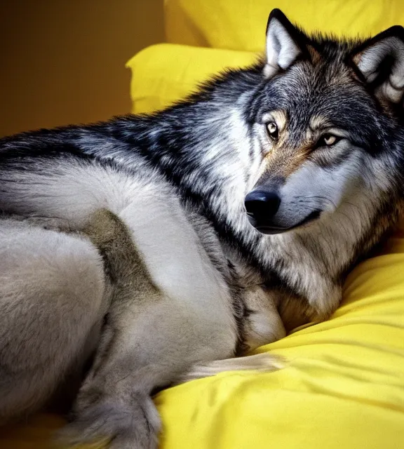 Image similar to a 4 k photorealistic photo of a wolf sitting on a bed in a yellow room