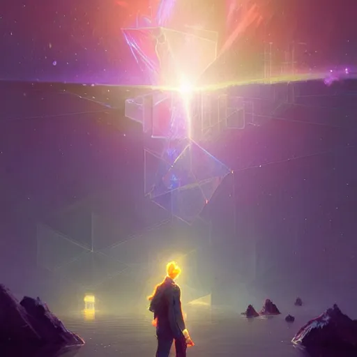 Prompt: beautiful glowing cubes all interconnected to each other with tubes, atmospheric lighting, intricate, volumetric lighting, beautiful, sharp focus, ultra detailed, in the art style of bowater, charlie, brom, gerald, lake baikal in the background, astrophotography