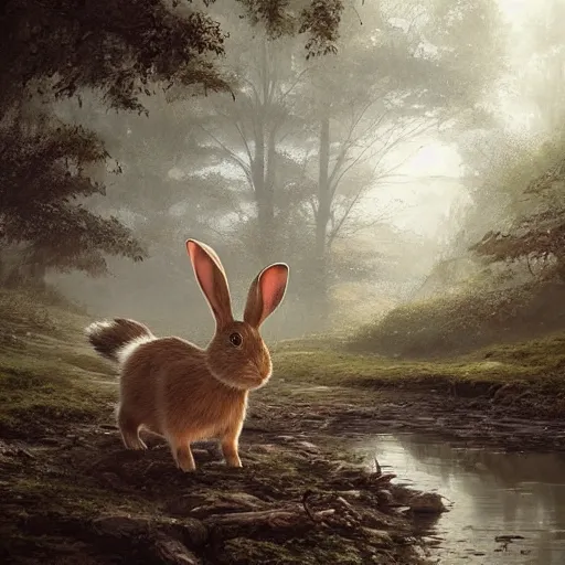 Image similar to a rabbit in the forest by a river, by stanley lau and greg rutkowski