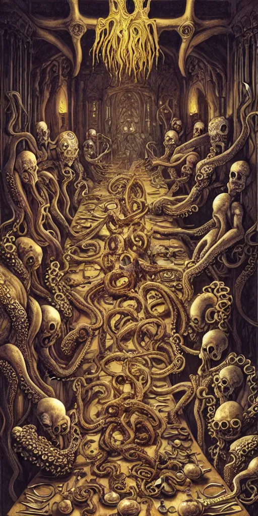 Image similar to group of mages with human bodies and octopus heads sitting near the table with magical artifacts in an ancient mage castle with enormous scale, gothic and baroque, brutalist architecture, ultradetailed, Intricate by John Howe and Josan Gonzalez and James Jean and Giuseppe Arcimboldo