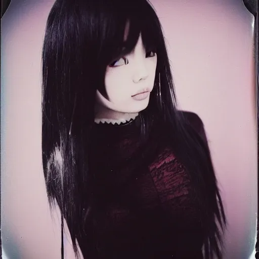 Image similar to atmospheric upper body polaroid photograph of female japanese model in emo makeup, long hair, fringe