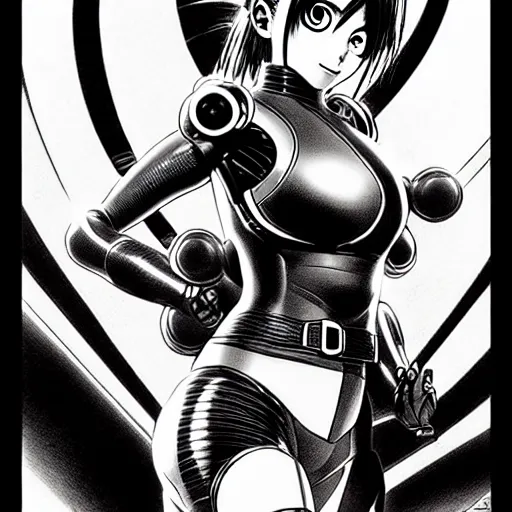 Image similar to alita by yukito kishiro. medium shot. black and white manga. pencil drawing.