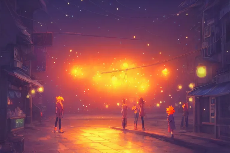 Image similar to fantasy art of glowing goldfish swimming in the air, in the streets of a japanese town at night, with people watching in wonder, by makoto shinkai, highly detailed digital art, trending on artstation