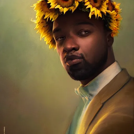 Prompt: highly detailed vfx portrait of handsome black man with crown of sunflowers, stephen bliss, greg rutkowski, loish, rhads, beeple, makoto shinkai, tom bagshaw, alphonse mucha, global illumination, sharp focus, art by artgerm and greg rutkowski, stanley kubrick, best of behance, cinematic lighting, intricate complexity,