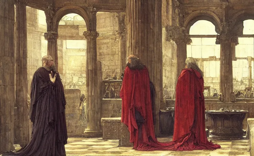 Prompt: an extremely detailed, realistic painting of penelope : : a beautiful queen on a platform in a throne room : : ancient greece : : thick smoke : : a throne room filled with servants : : old beggar in the foreground : : in the style of john william waterhouse, frederick s. church, john collier, mysterious mood, cinematic