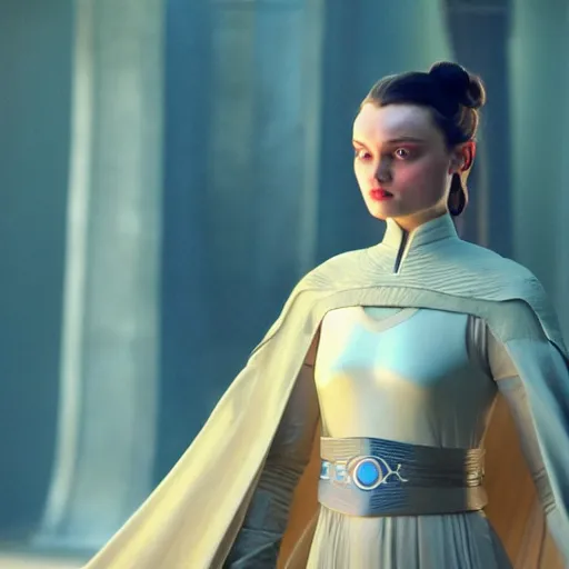 Image similar to bella heathcote as padme amidala on naboo golden hour cinematic