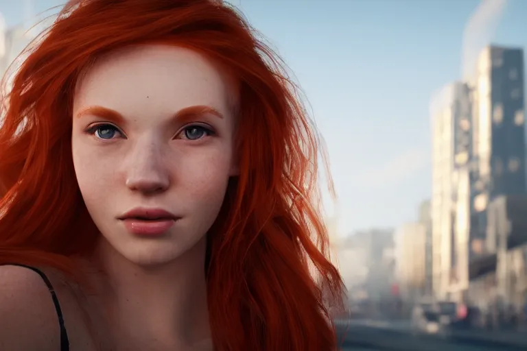 Image similar to hyperrealistic portrait of stunningly beautiful redhead nordic girl, lit in a dawn light, busy city on background, trending on artstation,ultrawide angle, f8 , polarizer , unreal engine