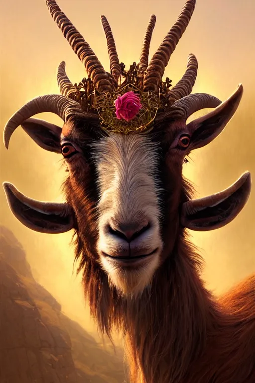 Image similar to highly detailed portrait of a three - headed goat wearing golden crown and pink tutut, stephen bliss, unreal engine, fantasy art by greg rutkowski, rhads, ferdinand knab, makoto shinkai and lois van baarle, ilya kuvshinov, rossdraws, tom bagshaw, global illumination, radiant light, red blue theme, meadow