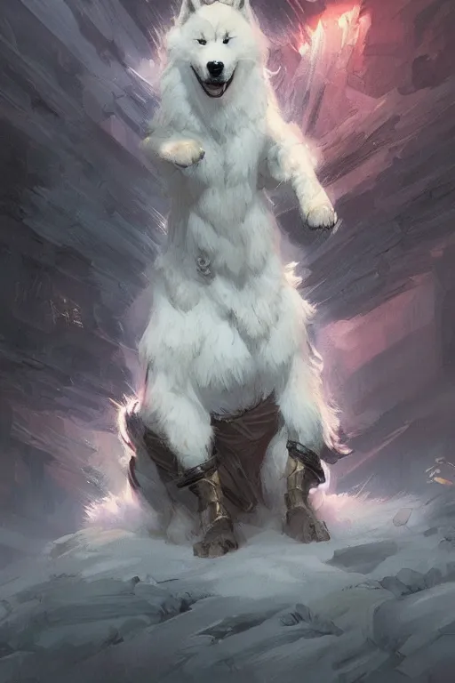 Image similar to comic book cover. heroic samoyed dog in mage clothes by greg rutkowski, trending on artstation