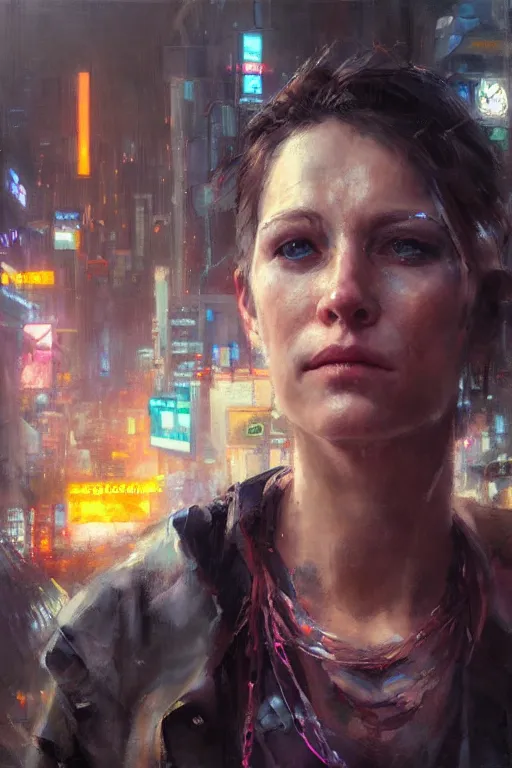 Prompt: realist portrait in a cyberpunk city by Daniel F. Gerhartz, hyperrealistic oil painting, 4k, studio lightning