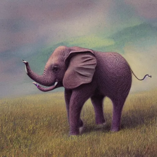 Image similar to purple elephant running in meadow, close up camera angle from an ant, raining, mountain behind meadow, menacing, illustration, detailed, smooth, soft, cold, by Adolf Lachman, Shaun Tan, Surrealism