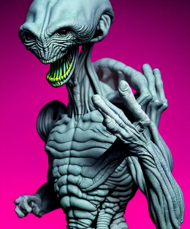 Prompt: hyperrealistic rendering, grey alien, by art of skinner and richard corben and jeff easley, product photography, action figure, sofubi, studio lighting, colored gels