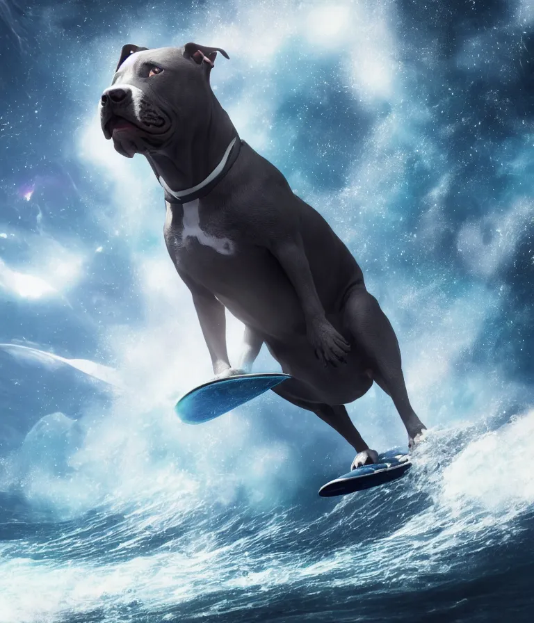 Image similar to photo of a dark gray coat pit bull with a white paws and a white nose!, surfing on a surfboard in a crashing wave of alien galaxy, trending on art station, ocean in space, background is an alien galaxy, aliens in the background, alien colors, octane render, unreal engine, wide view, 8 k, highly detailed