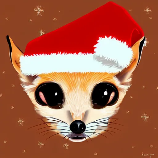 Prompt: fennec fox, wearing santa hat, digital art