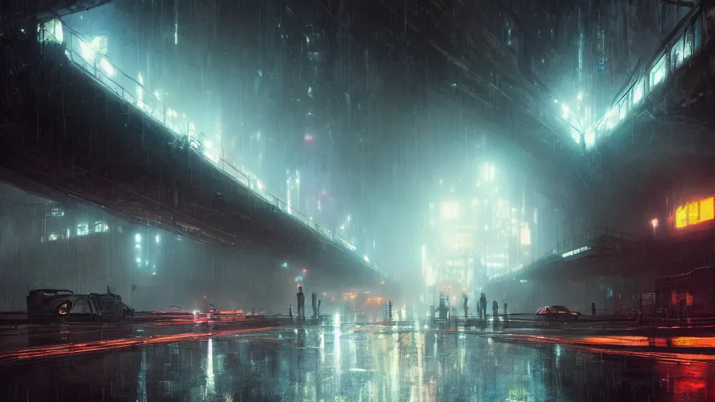 Image similar to under a city highway bridge of a cyberpunk city, rain, night, mist, flying shuttles, advertising pannels, blade runner, rays of light, james gurney, greg rutkowski, unreal engine, artstation