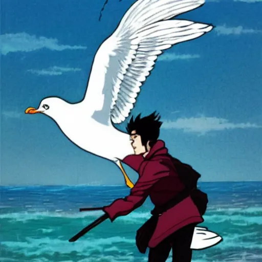 Image similar to a man riding a seagull into battle, anime