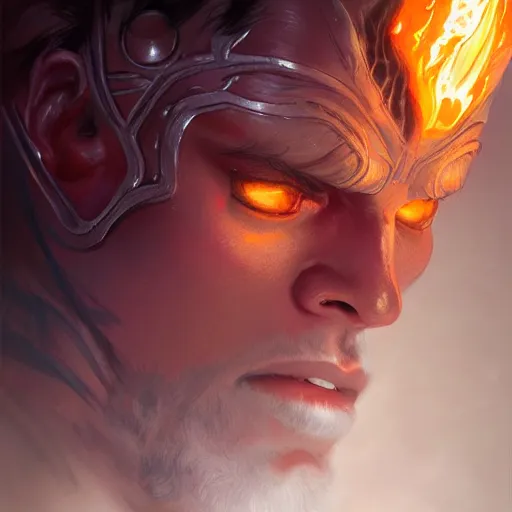 Prompt: humanoid fire elemental, male, face, head shot, fantasy, highly detailed, digital painting, artstation, concept art, smooth, sharp focus, illustration, art by artgerm and greg rutkowski and alphonse mucha