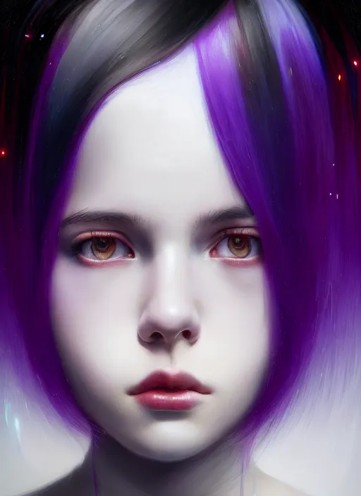 Image similar to portrait of teenage girl with white bangs, red irises, bangs, black and white hair, purple clothes, white bangs, two color hair, black hair and white bangs, intricate, elegant, glowing lights, highly detailed, digital painting, artstation, concept art, smooth, sharp focus, illustration, art by wlop, mars ravelo and greg rutkowski