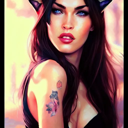 Image similar to alchemyst girl Megan Fox with cat ears, by WLOP, by Artgerm, by Michael Garmash, by Rob Rey, digital art, trending on artstation, beautiful lightning, atmospheric