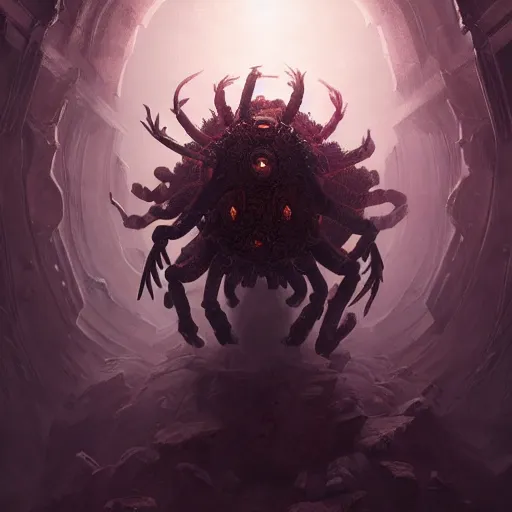 Prompt: four armed fractal scarab demon ascending, four arms, dramatic lighting, chitin, artstation, concept art, smooth, sharp focus, illustration, art by greg rutkowski