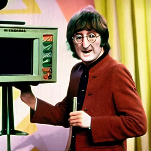 Image similar to on the full color tv set of captain kangaroo, john lennon is guest starring as the host, 7 0 s color grade