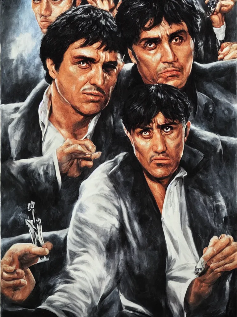 Prompt: medium shot. cogerent eyes. detailed face. tony montana from movie scarface. poster colors