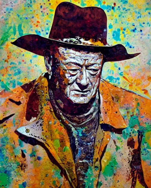 Prompt: abstracted john wayne painted in extremely thick, glazed impasto splatter paint, in muted color's, in impressionist styles