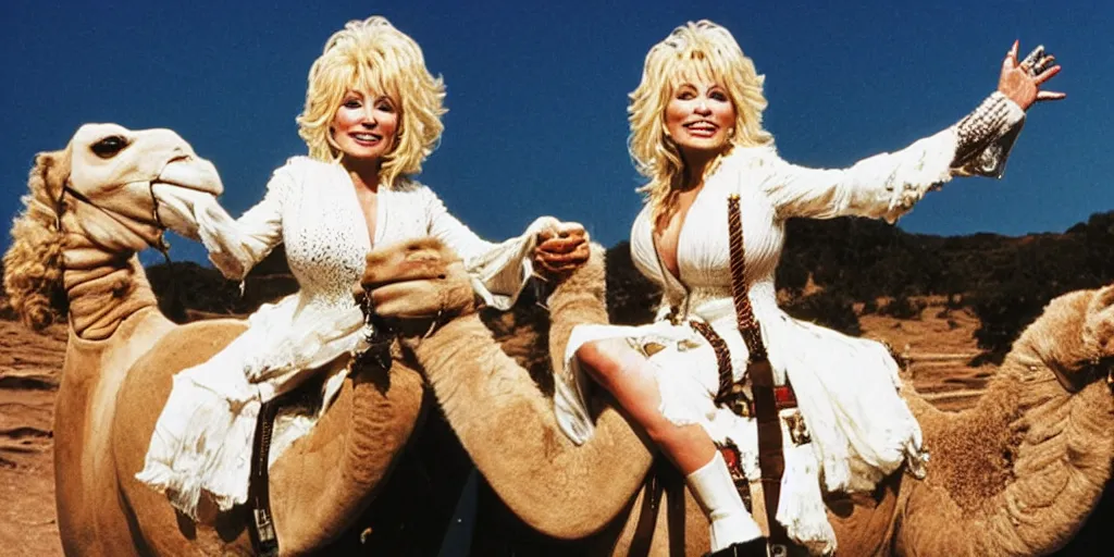 Image similar to Dolly Parton is riding a camel in a Star Wars space ship, minimal, space, electronic, robot, depth of field