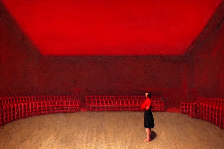 Image similar to only with red, crowd screaming, an exposed painting in a roman theater, in the style of beksinski, parts by edward hopper, parts by rodcenko, parts by yue minjun, intricate and epic composition, red by caravaggio, insanely quality, highly detailed, masterpiece, red light, artstation, 4 k