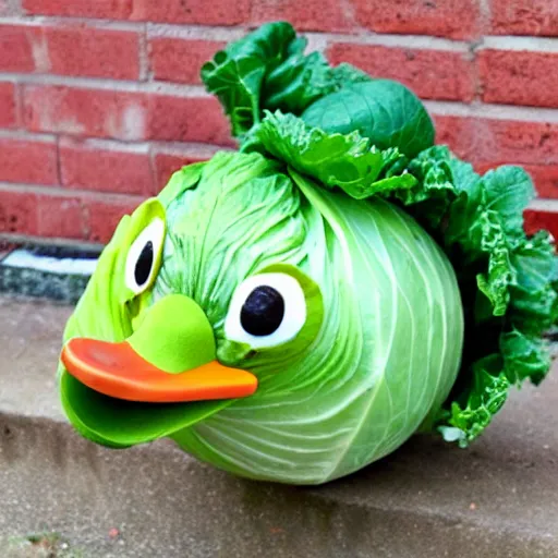 Image similar to a duck dressed as cabbage