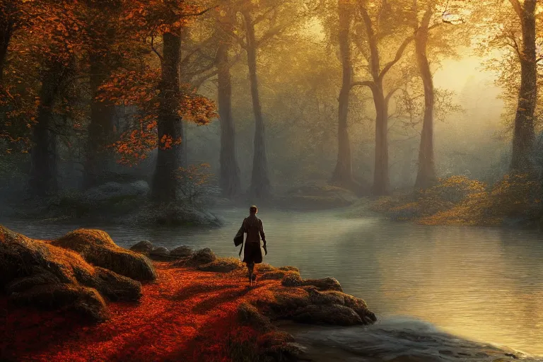 Prompt: A highly detailed 4K fantasy matte painting of an adventurer walking along the river bank in a forest during the golden hour in autumn, volumetric sun rays and dust, water reflection, Thomas Kinkade, Greg Rutkowski, ArtStation, CGSociety, Unreal Engine