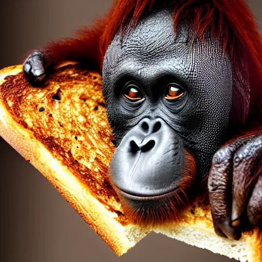 Image similar to an orangutan burnt onto a piece of toast, 4 k, hyper realistic, dslr, high resolution, landscape, beautiful