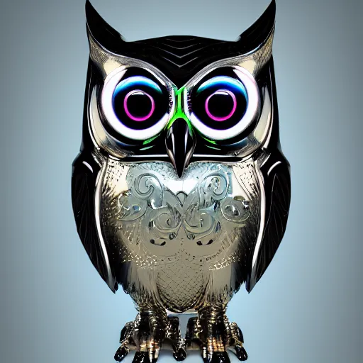 Image similar to chrome owl, glossy, metallic, neon, symmetrical, tribal patterns, realistic, unreal engine, octane, redshift, artstation, behance