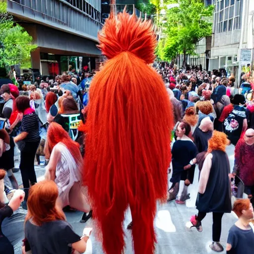Image similar to a 7 0 foot tall red - haired man walking among the crowd